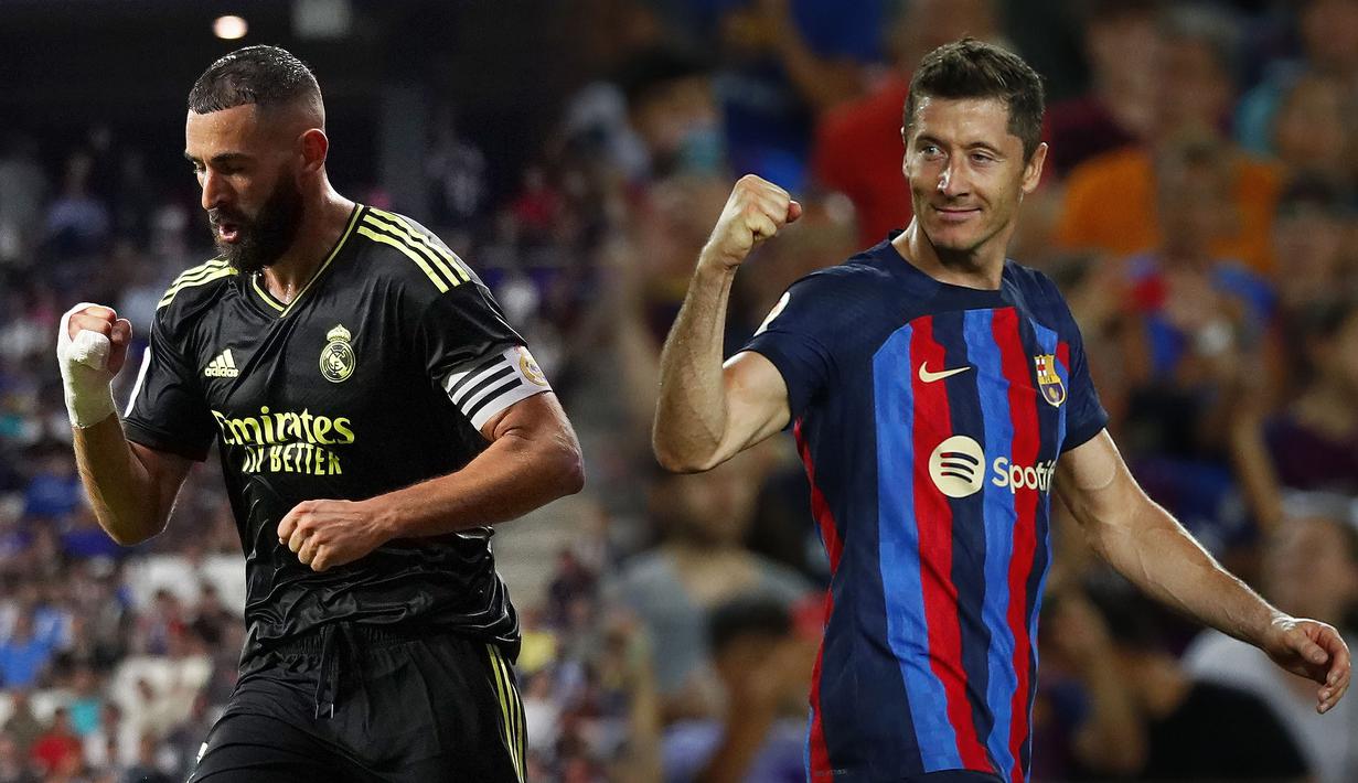 Real Madrid dan Barcelona berhasil mendapatkan kemenangan di pekan ketiga Liga Spanyol 2022/2023, Senin (29/08/2022) dini hari WIB. Hasil positif tersebut tak lepas dari performa apik kedua penyerang andalan mereka, Karim Benzema dan Robert Lewandowski. (Foto Kolase: AP/Joan Mateu Parra (kiri) dan AP/Joan Monfort)