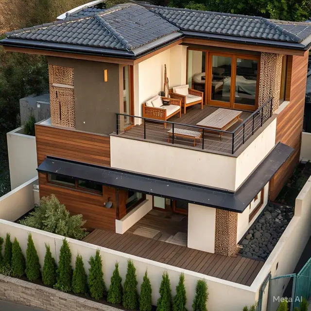 Desain Rumah Lantai 2 dengan Rooftop Bernuansa Coklat
