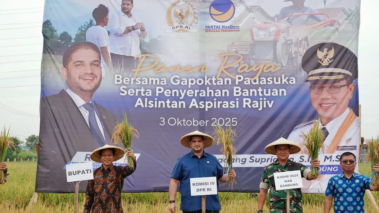 Anggota DPR RI dari Fraksi Partai Nasdem, Rajiv bersama Forkopimda Kabupaten Bandung mengikuti panen raya padi di lahan seluas 400 hektare kawasan Rancaekek, Kabupaten Bandung, Jawa Barat, Jumat 3 Oktober 2025 (Istimewa)