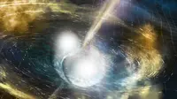 Ilustrasi tabrakan dua bintang neutron. (Laser Interferometer Gravitational-Wave Observatory)