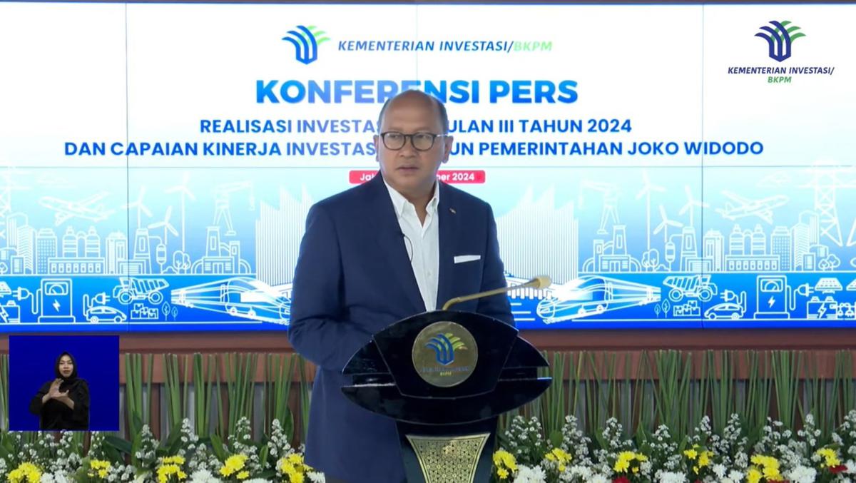 Rosan Roeslani saat konferensi pers terkait Realisasi Investasi Triwulan III 2024