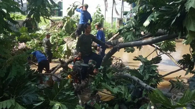 Satgas Banjir DPUPR Kota Depok memotong ranting pohon yang tumbang ke sungai dan menyumbat aliran air