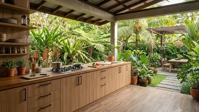 Dapur Semi Outdoor Nuansa Kayu Natural dengan Lantai Motif Kayu Bertekstur