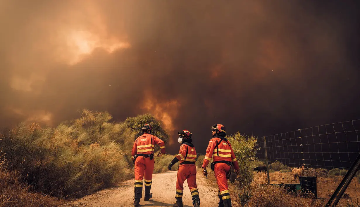 Personel Unit Darurat Militer Spanyol (UME) berupaya memadamkan kebakaran hutan di dekat Navas del Rey, sekitar 55 kilometer di barat daya Madrid, Spanyol, Senin, 27 Juli 2026. (AFP/ Handout / UME)