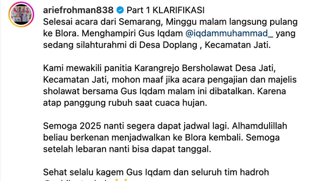 Klarifiasi Arief Rohman terkait panggung pengajian bersama Gus Miftah ambruk. (Foto: Dok. Instagram @ariefrohman838)