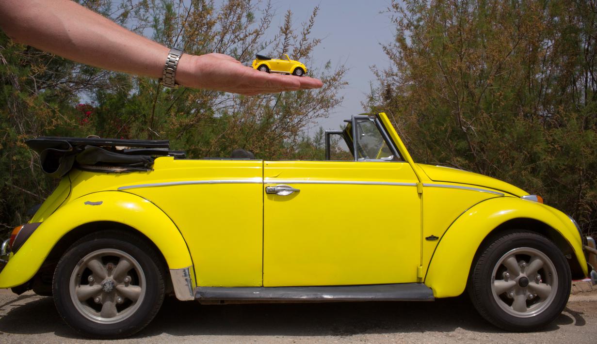 Miniatur mobil dengan latar belakang mobil Volkswagen Beetle yang ditampilkan dalam ajang pertemuan tahunan "Beetle club" di Yakum, Israel tengah (21/4). (AP Photo / Oded Balilty)