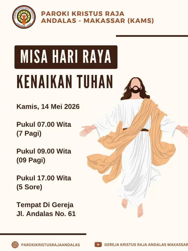 Jadwal Misa Kenaikan Yesus Kristus 2026 di Makassar, Simak Detail di Berbagai Paroki