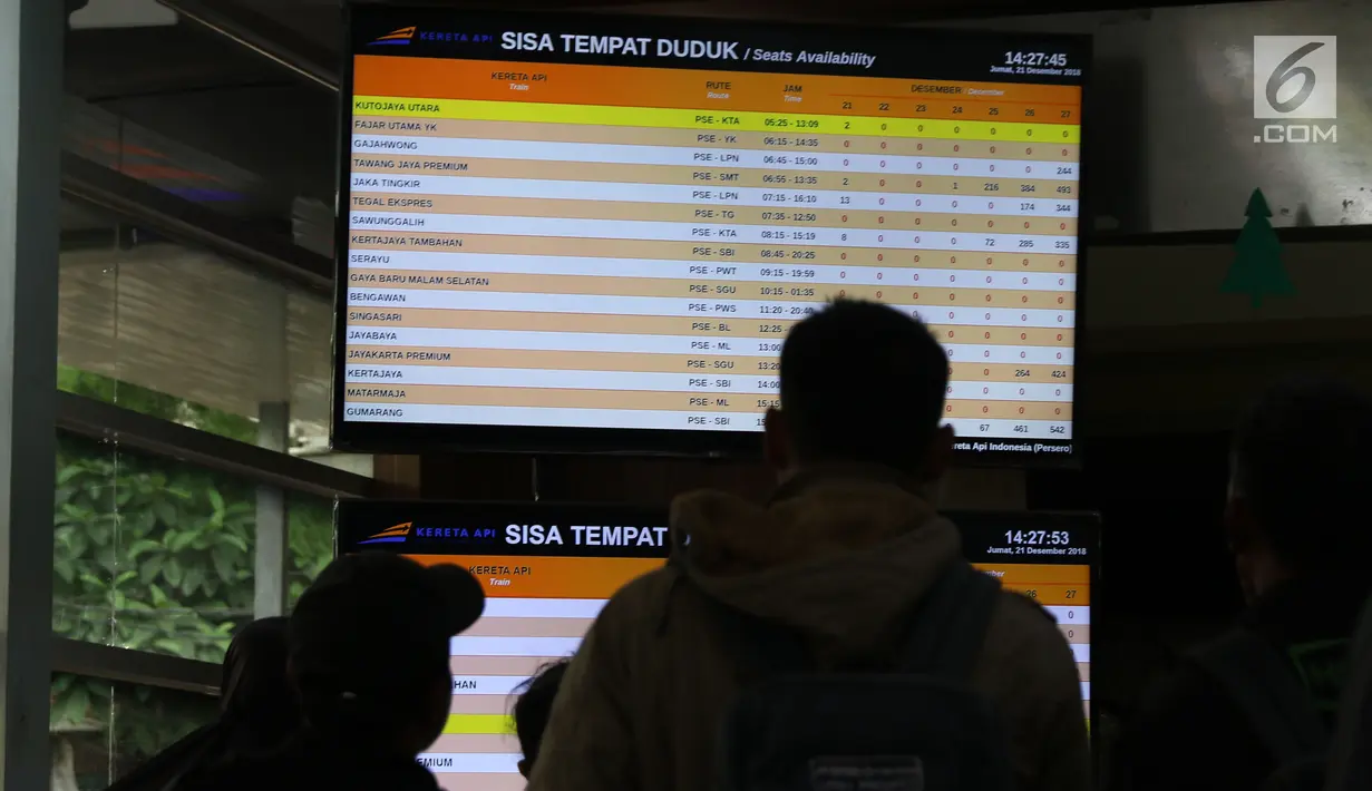 Calon penumpang memantau informasi tiket kereta di Stasiun Pasar Senen, Jakarta, Jumat (21/12). Jelang libur panjang Natal 2018, calon penumpang kereta api dari Jakarta menuju kota-kota di Pulau Jawa meningkat. (Liputan6.com/Helmi Fithriansyah)