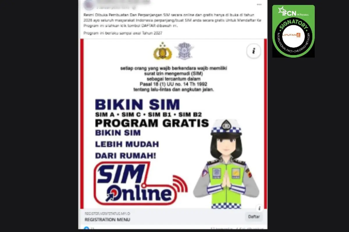 Tangkapan layar klaim tautan pendaftaran untuk pembuatan dan perpanjangan SIM gratis 2026 yang beredar di Facebook.