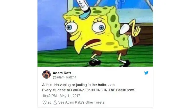Meme lucu soal rokok elektrik JUUL (Foto : twitter @adam_katz14)