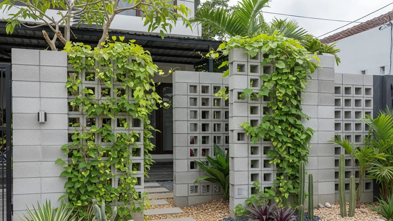 Inspirasi Taman Kering Depan Rumah dengan Kombinasi Roster dan Tanaman Tropis (Image by Gemini AI)