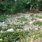Kali Cikarang di Kampung Lubang Buaya, Desa Sukaringin, Sukawangi, Kabupaten Bekasi, tertutup genangan sampah sepanjang 100 meter. (Istimewa)