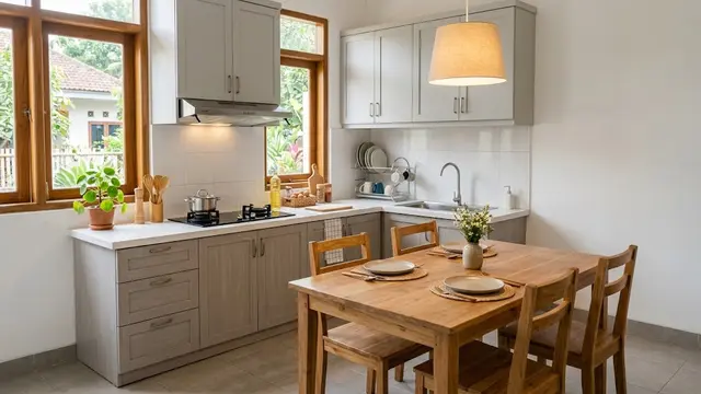 Dapur Abu-Abu dengan Meja Makan Kayu