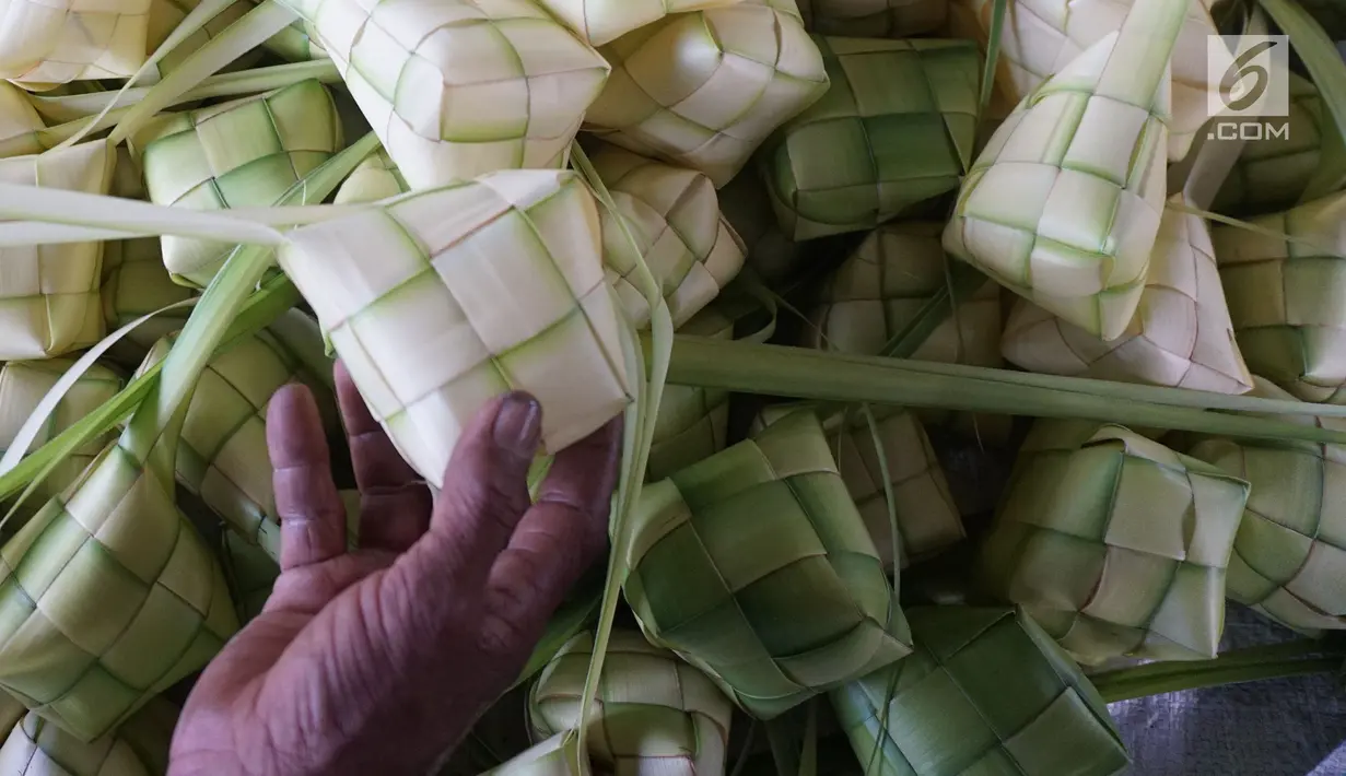 Pedagang menata kulit ketupat yang dijual di kawasan Bintaro, Jakarta, Sabtu (10/8/2019). Menjelang Idul Adha, para pedagang menjual kulit ketupat dengan harga sekitar Rp 8 ribu per sepuluh buah tergantung ukuran. (Liputan6.com/Herman Zakharia)