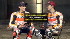 Marc Marquez bergaya menjadi seorang jurnalis MotoGP dengan mewawancarai Dani Pedrosa.