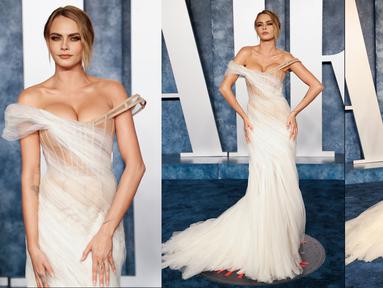 Foto kolase Cara Delavigne saat menghadiri  After Party Vanity Fair Oscar 2023 di The Wallis Annenberg Center for the Performing Arts di Beverly Hills, California pada 12 Maret 2023. Cara Delevingne memukau dalam balutan gaun malam berwarna gading halus saat dia memimpin kemewahan rumahan dengan Lily James, Sienna Miller dan Daisy Edgar-Jones yang elegan di pesta Vanity Fair Oscars yang bertabur bintang. (AFP Photo)