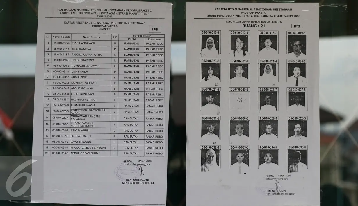 Daftar peserta ujian Paket C di SMAN 93 di Jakarta Timur, Selasa (5/4). Aurel berada di urutan no 15. (Liputan6.com/Herman Zakharia)
