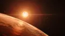 NASA merilis sebuah foto salah satu planet dalam sistem Trappist-1, Washington, AS, Rabu (22/2). Sistem bintang ini dikelilingi tujuh planet seukuran Bumi yang tiga di antaranya mengitari bintang induknya. (AFP PHOTO / M. Kornmesser)