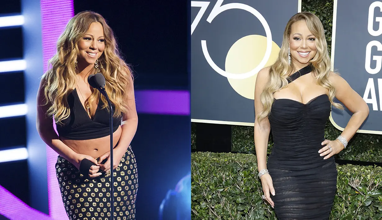 Mariah Carey adalah salah satu selebriti yang bobot tubuhnya berkurang 20 kilo lebih. Ia pun semakin cantik seiring bertambahnya usia. (REX/Shutterstock/HollywoodLife)
