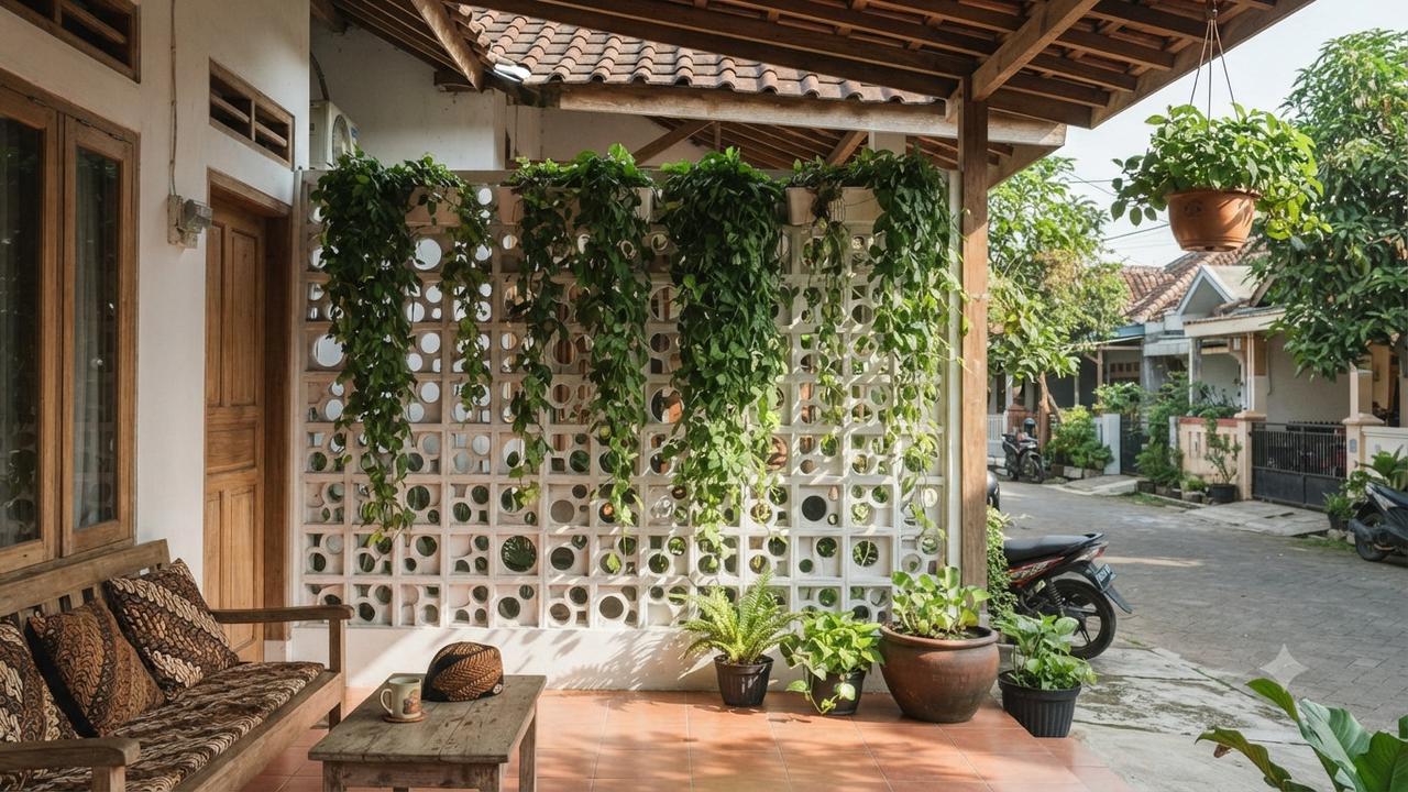 Inspirasi Teras Rumah dengan Roster dan Tanaman Rambat, Bikin Hunian Sejuk dan Estetik Model Lingkaran dengan Tanaman Lee Kuan Yew