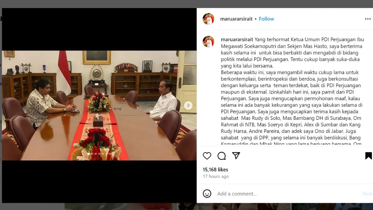 Selain menyampaikan surat pengunduran diri resmi kepada PDIP, rupanya Ara, sapaan akrab Maruarar Sirait mengunggah foto pertemuan dirinya dengan Presiden Joko Widodo (Jokowi) di akun sosial media (sosmed) Instagram miliknya @maruararsirait.