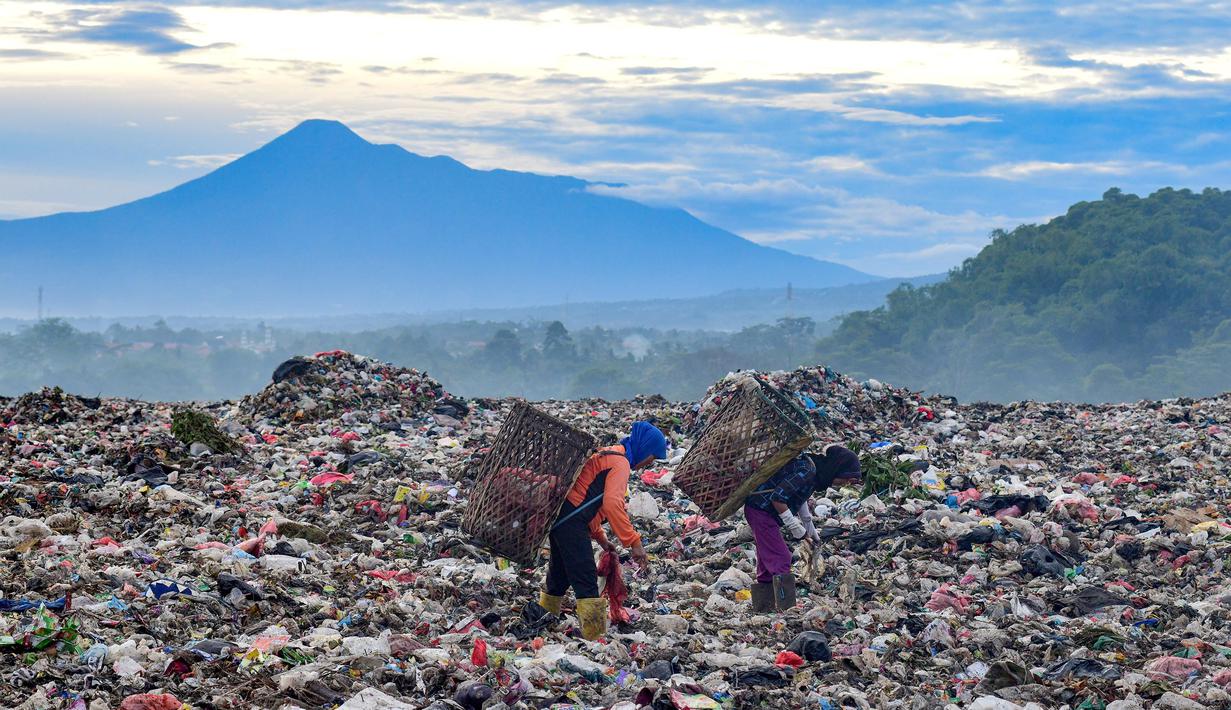 Warga yang berprofesi sebagai pemulung mengumpulkan sampah plastik dengan latar belakang Gunung Gede-Pangrango di Tempat Pembuangan Akhir Galuga, Bogor, Kamis (6/11/2025). Untuk diketahui, mikroplastik timbul dari proses degradasi tidak sempurna dari sampah plastik. Mikroplastik dapat tersebar melalui berbagai media mulai dari air sampai dengan udara. (merdeka.com/Arie Basuki)
