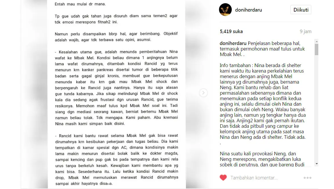 Ini pernyataan Doni Herdaru untuk Melanie Subono (Foto: Instagram)