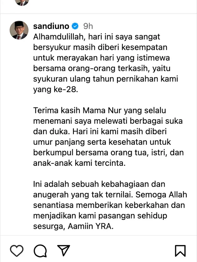 Unggahan Sandiaga Uno. (Foto: Dok. Instagram @sandiuno)