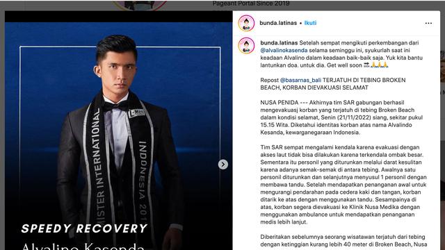Unggahan akun Instagram @bunda.latinas soal Alvalino Kasenda jatuh dari tebing Broken Beach, Bali, 21 November 2022. (Foto: Dok. Instagram @bunda.latinas)