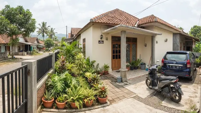 Desain rumah sederhana dengan taman tapi tetap punya area parkir model taman memanjang