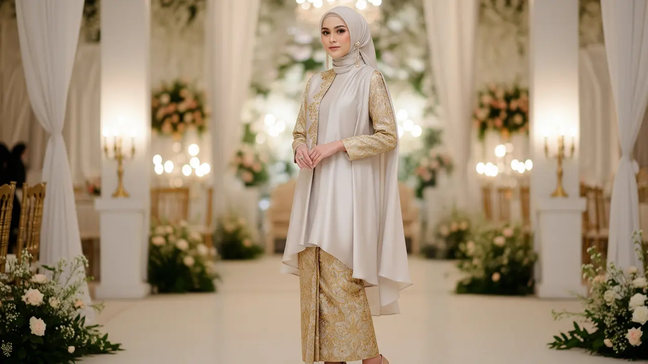 Model Gamis Cloud Dancer Kombinasi Gold untuk Kondangan Glamor