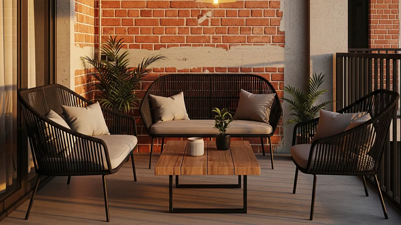 Desain Teras Kecil dengan Kursi Rotan dan Meja Kopi