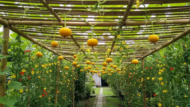 6 Inspirasi Kebun Labu Kuning Rambat di Kanopi Bambu untuk Peneduh Halaman