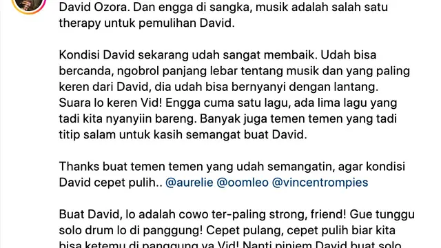 Cuitan Ardhito Pramono seputar kondisi kesehatan David Ozora. (Foto: Dok. Instagram @ardhitopramono)