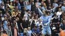 Gelandang Manchester City, Jack Grealish berselebrasi usai mencetak gol ke gawang Norwich City pada pertandingan pekan kedua Liga Inggris di stadion Etihad di Manchester, Inggris, Sabtu (21/8/2021). Jack Grealish mencetak gol debut untuk Manchester City ke gawang Norwich City. (AP Photo/Rui Vieira)