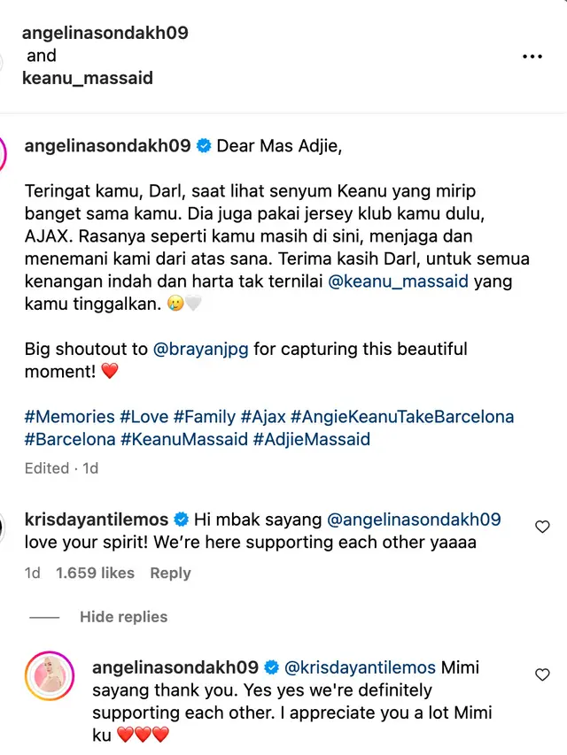 Unggahan Angelina Sondakh. (Foto: Dok. Instagram @angelinasondakh09)