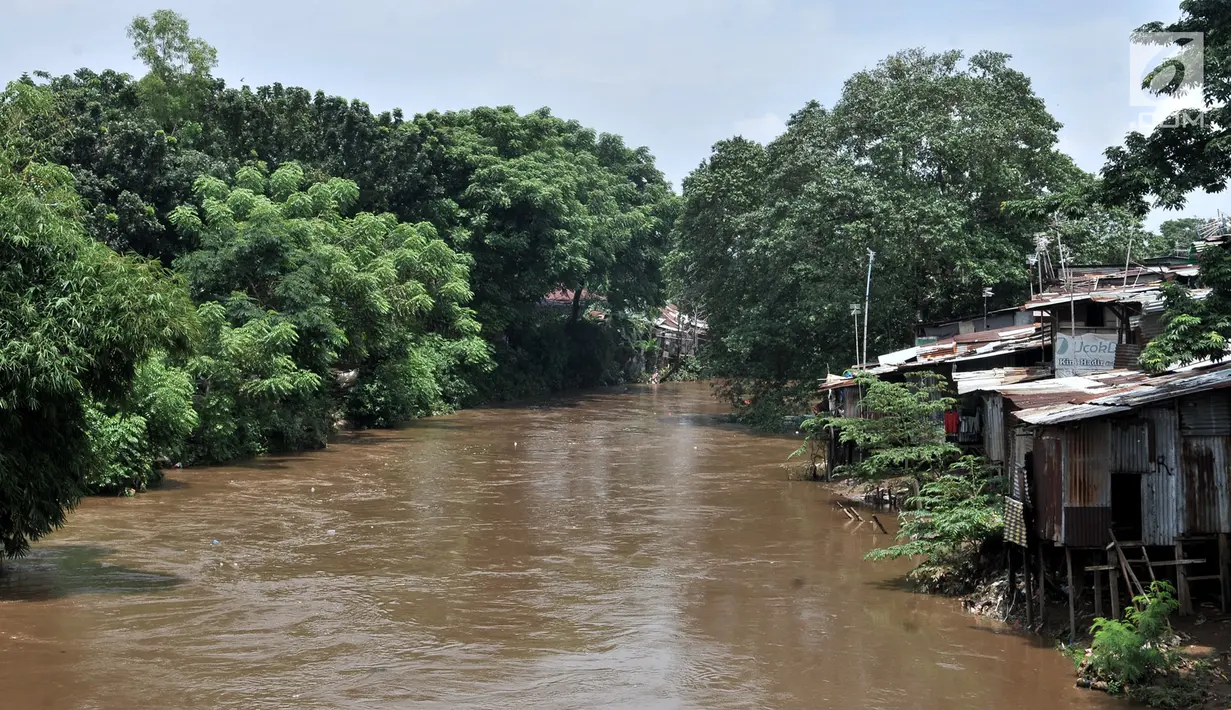 Suasana permukiman di bantaran Kali Ciliwung, Jakarta, Minggu (3/3). Bencana banjir kiriman masih menjadi ancaman warga yang tinggal di bantaran Kali Ciliwung, terlebih saat hujan deras terus mengguyur kawasan hulu di Bogor. (merdeka.com/Iqbal S. Nugroho)