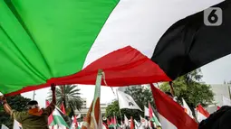 Peserta kader Partai Keadilan Sejahtera (PKS) mengibarkan bendera Palestina di depan Kedutaan Besar Amerika Serikat, Jakarta, Kamis (20/5/2021). Aksi tersebut dalam rangka berempati kepada bangsa Palestina untuk mendapatkan kemerdekaannya dari serangan Israel. (Liputan6.com/Faizal Fanani)