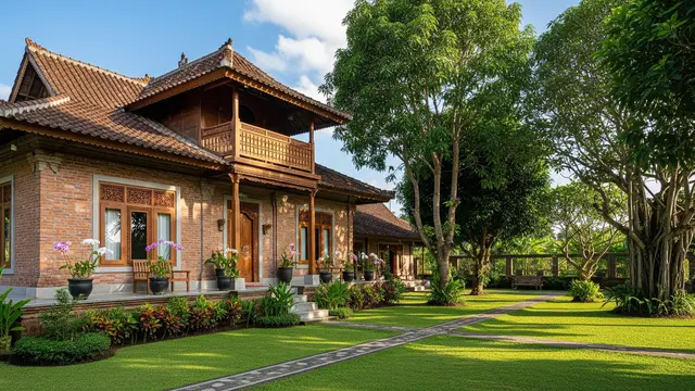 Desain Rumah Kampung dengan Dinding Bata Ekspos dan Kayu Jati (AI)