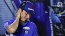 Pembalap Suzuki Ecstar, Joan Mir saat Meet and Greet bersama pewarta di salah satu hotel di Kuta Mandalika, Nusa Tenggara Barat, Jumat (18/3/2022). Joan Mir menjawab sejumlah pertanyaan terkait rangkaian Pertamina Grand Prix of Indonesia atau MotoGP Mandalika. (Liputan6.com/Helmi Fithriansyah)