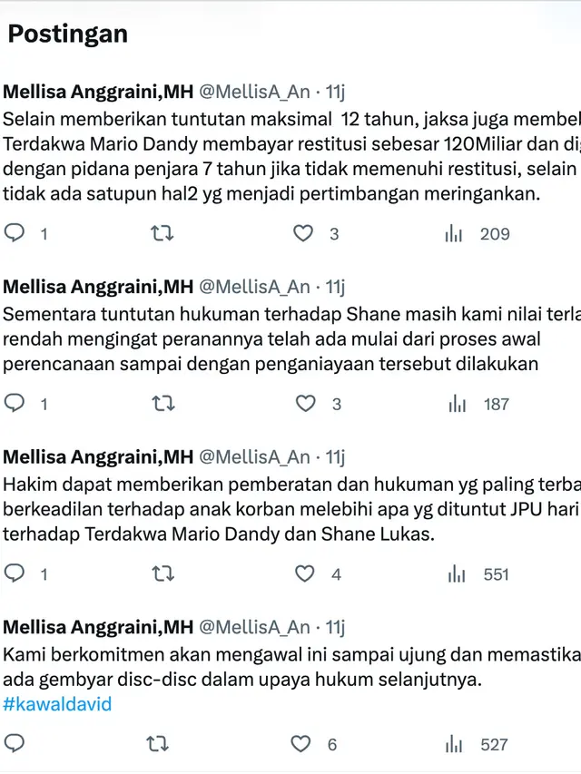 Pernyataan sikap pengacara David Ozora, Mellisa Anggraini. (Foto: Dok. Twitter @@MellisA_An)