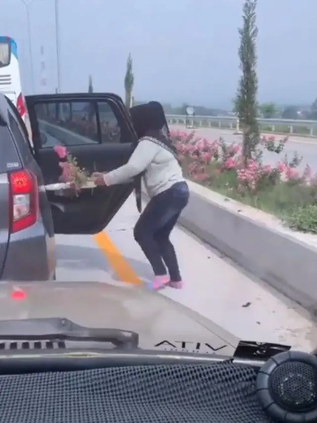 viral emak-emak petik bunga jalan tol