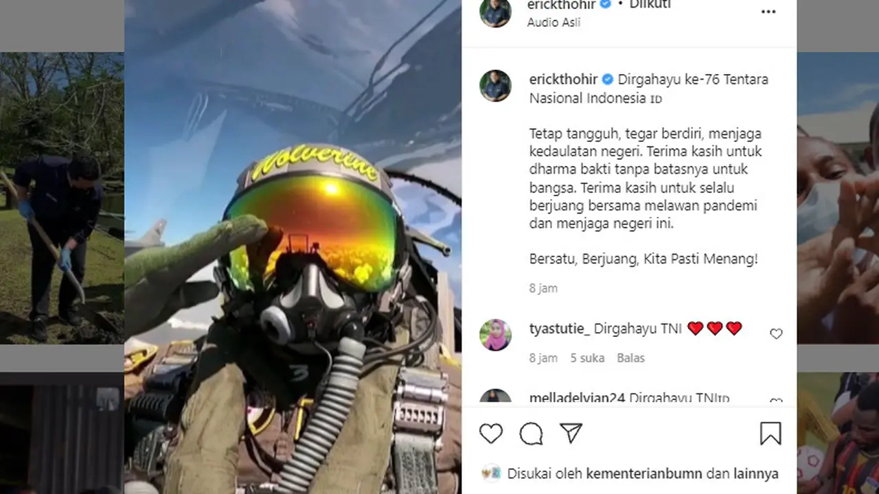 Menteri BUMN Erick Thohir mengucapkan HUT TNI ke-76 pada 5 Oktober 2021 ini.
