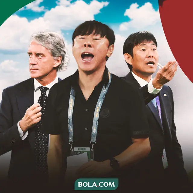 Ilustrasi - Roberto Mancini, Shin Tae-yong, Hajime Moriyasu