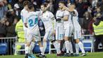 Para pemain Real Madrid merayakan gol Borja Mayoral (2kanan) saat melawan Fuenlabrada pada laga Copa del Rey babak 32  besar di Santiago Bernabeu stadium, Madrid, (28/11/2017). Real Madrid bermain imbang 2-2. (AP/Francisco Seco)