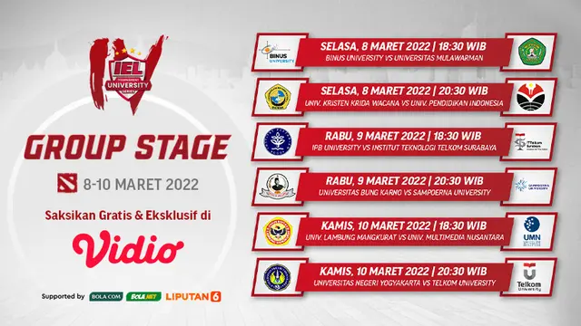 Link Live Streaming IEL University Season 4 Dota 2 Group Stage Pekan Keenam di Vidio, 8-10 Maret 2022
