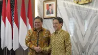 Pertemuan Menteri Koordinator Bidang Perekonomian Airlangga Hartarto dan Ketua Dewan Direksi Japan Bank of International Cooperation (JBIC) dan Penasihat Khusus untuk Kabinet Jepang Tadashi Maeda di Jakarta pada Kamis, 21 September 2023.