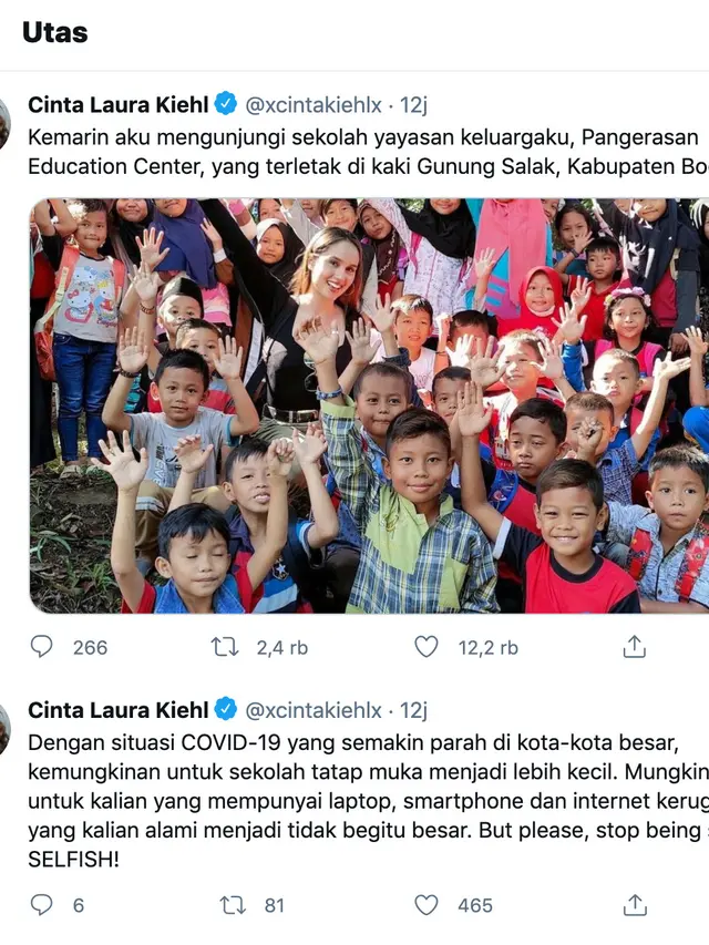 Unggahan Cinta Laura. (Foto: Dok. Twitter @xcintakiehlx)