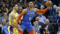 Lonzo Ball menjaga Russell Westbrook pada laga NBA (AP)