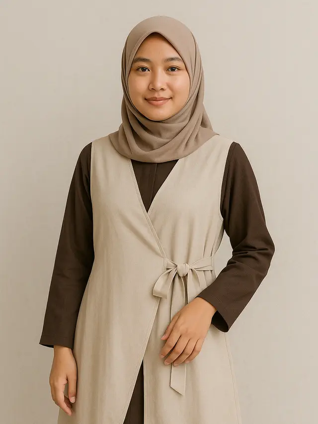 Gamis Rompi Asimetris dengan Detail Ikat (Foto: Rizka Nur Laily via ChatGPT)